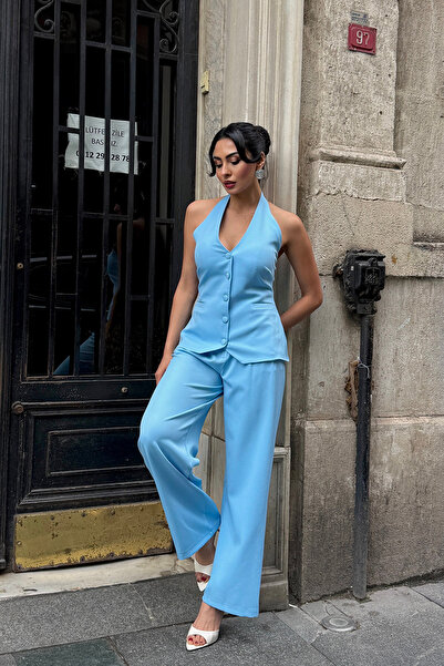 Ortaya Çık Blue Halter Neck Vest Palazzo Pants Set