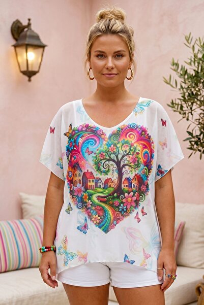 Chiccy Italian White V-Neck Low Sleeve Slim Digital Printed Casual Mercerized...