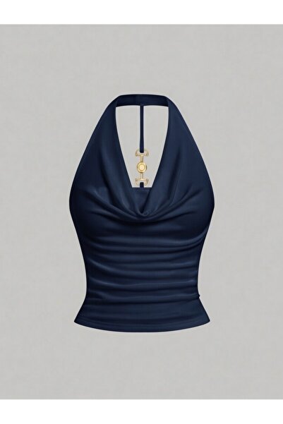 Wildco Navy Blue Degaje Collar Halter Crop Blouse with Metal Accessory Detail...