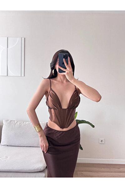 Zoom Butik Saten Korse Büstiyer - KAHVE