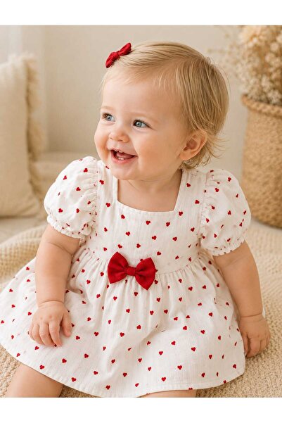 krm kerem bebe Eid Heart Patterned Bowknot Muslin Baby Girl Set