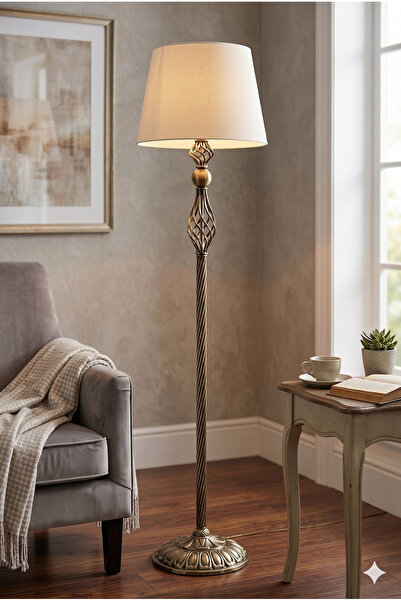 Vinner Helezon Bronz Metal Lambader Krem Kumaş Şapkalı – Modern Dekoratif