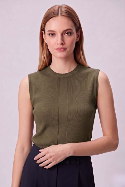 odelon Women's Ribbed Knit Sleeveless Knitwear Athlete Blouse Khaki