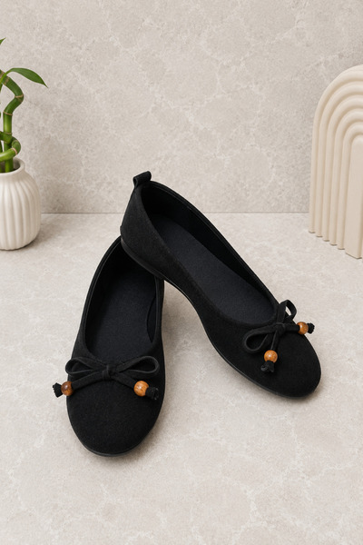 Demirsa Boutique حذاء باليه نسائي من الجلد السويدي باللون الأسود مع فيونكة