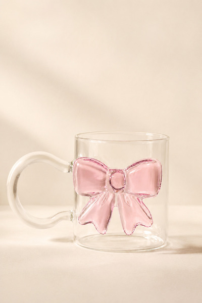 Mirilliahome Pembe Fiyonk Detaylı Borosilikat Cam Kupa Bardak 350 ML Şeffaf K...