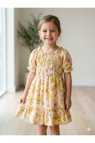 Motebarn Wear Girl's Floral Gathered Cotton Woven Fabric Dress