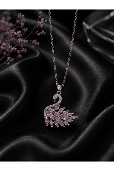 Sylvera Shop Elegant Steel Necklace with Crystal Swan Figure - Pink Stone (Si...