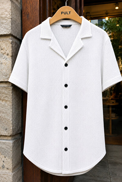 PULT Men's Waffle Textured Short Sleeve Shirt Slim Fit Buttoned Polo Collar O...