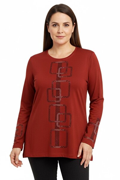 hadiora Women's Orange Geometric Stone Patterned Combed Cotton Blouse