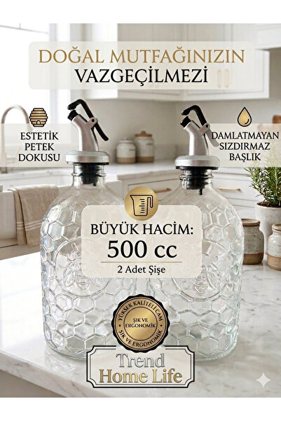 Trend Home Life 2'li Arı Desenli Cam Yağdanlık Seti 500 cc - Gold Başlıklı Sosluk sirkelik