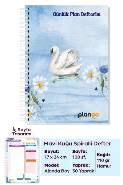 Plango Mavi Kuğu Spiralli Günlük Planlama Defteri - 100 Sayfa - 17x24 Planlay...