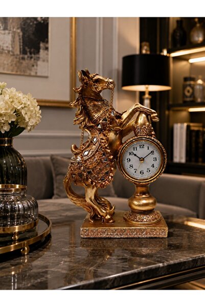 HediyeFilesi Gold Eskitme Ayna İşlemeli At Figürlü Masa Saati – 25x16 cm Deko...