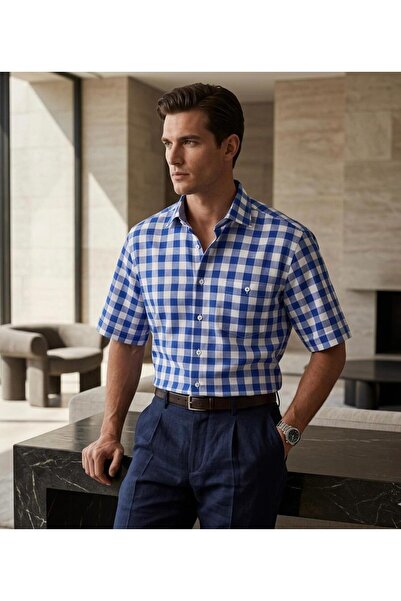 GÖMLEK GALERİSİ Men's Classic Wide Cut Plaid Pocket Cotton Short Sleeve Shirt