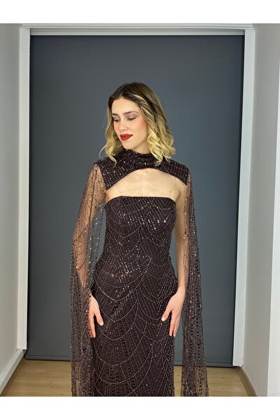 gökkuşagı moda Kahverengi Straplez Boyundan Pelerinli İşli Uzun Abiye Elbise
