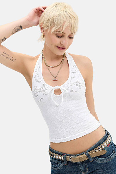 Urban Outfitters Beyaz Jakar Boyundan Bağlı Crop Büstiyer