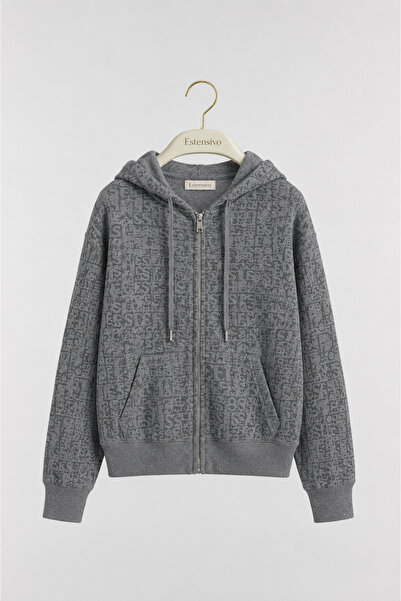 Estensivo Monogram Baskılı Fermuarlı Oversize Hoodie Sweatshirt