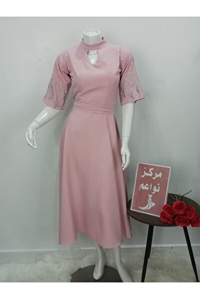 NAWAEIM Elegant Pink Midi Evening Dress, Barbie Fabric, High-End Cloche Cut.