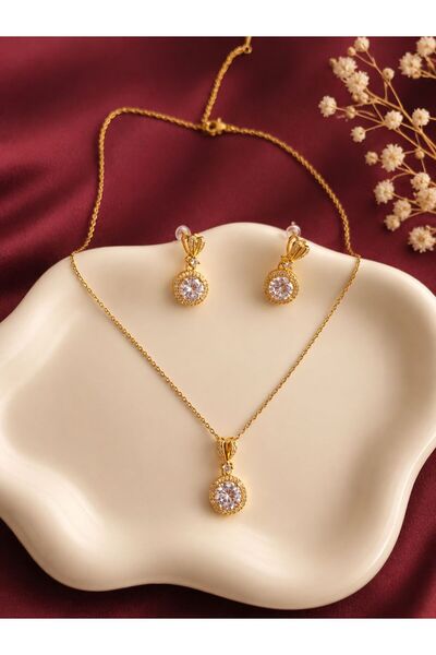 FİLORA Çelik Gold Zirkon Taşlı Küpe Kolye Set