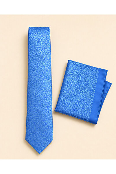 Çıkrık Saks Blue Floral Patterned Jacquard Tie and Handkerchief Set