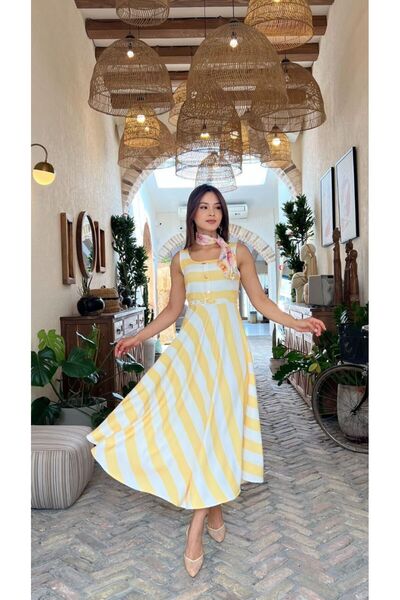 Moda Banuş Striped Belt Detailed A-Line Dress