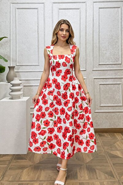 Moda Banuş Bela haljina od ekrusa sa uzorkom belog maka, uski kroj
