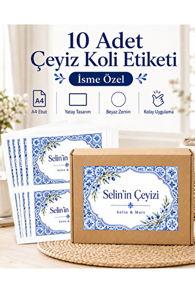 cabuk baskı İsme Özel Çeyiz Koli Etiketi 10 Adet A4 Mavi Çini Desenli Yatay G...