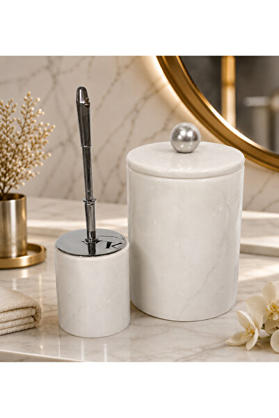 Akmera Home Gerçek Mermer Çöp Kovası & Fırçalık İkili Lüks Set