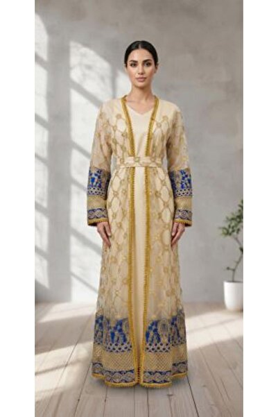Generic Light White Kaftan with Embroidered Net and Blue Sleeves