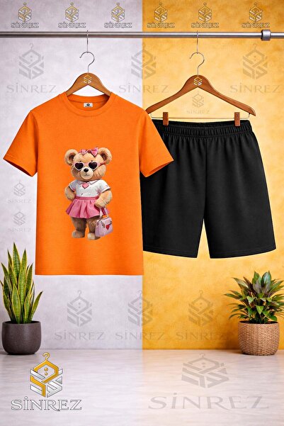 SİNREZ Tricou cu imprimeu CANTA cu decolteu rotund și fustă roz ursuleț - Set...