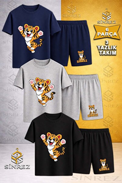 SİNREZ Set de 3 piese pentru copii TIGER HANDS IN THE AIR Tricou cu gât rotun...