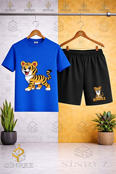 SİNREZ Crew Neck Kids' T-Shirt with Tiger Standing Print - Shorts Set