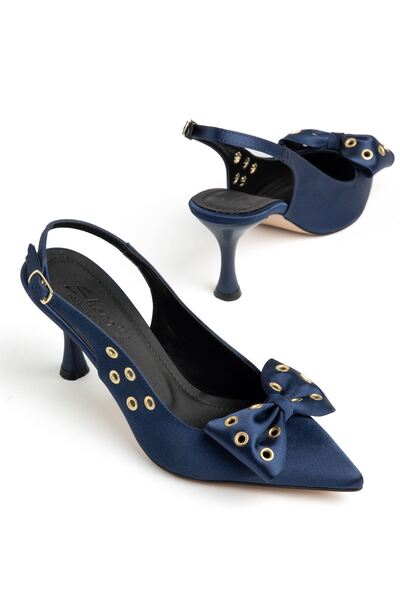 Moda Eleysa Perla Women's Navy Blue Satin Bow and Gold Detailed Classic Heele...