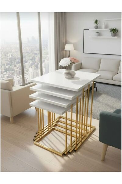 ERYALUX HOME 4'LÜ RÜYA GOLD-BEYAZ MDF ZİGON SEHPA