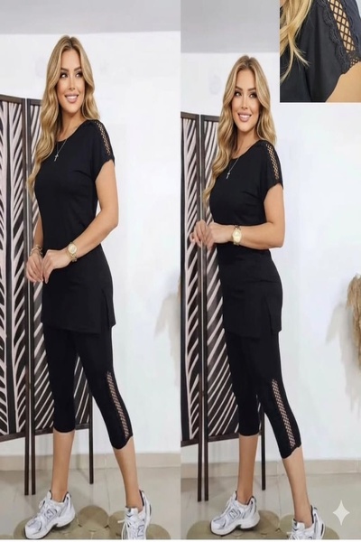 xlargebutik Plus Size Clothing Leggings with Gupure Detail Double Set Fully S...