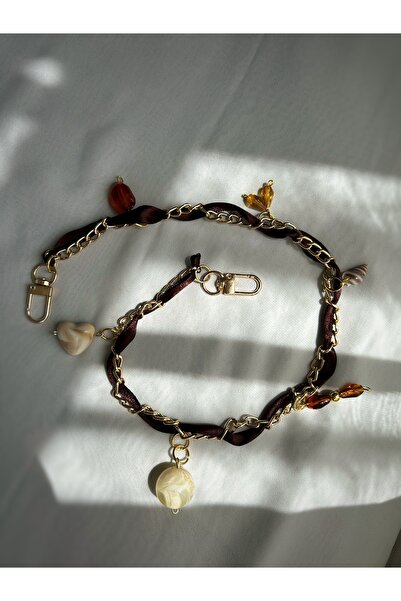 Handmade Gold Kahverengi Kurdeleli Boncuk Ve Deniz Kabuğu Çanta Zinciri ve ch...