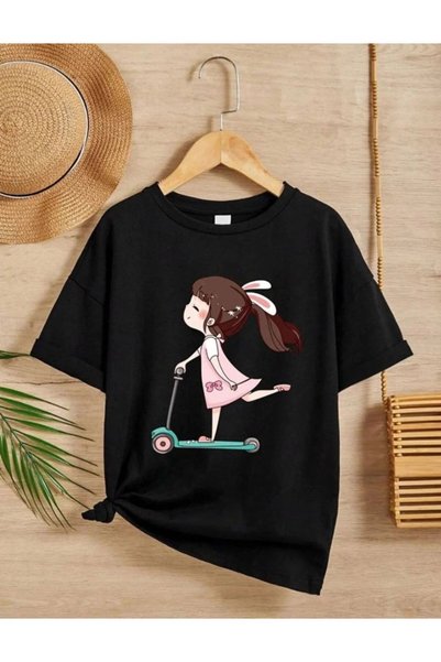 Generic Brand Girl's Crew Neck Printed T-Shirt - Black