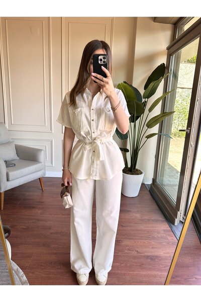 Alyalisbutik Gold button detail linen suit - white