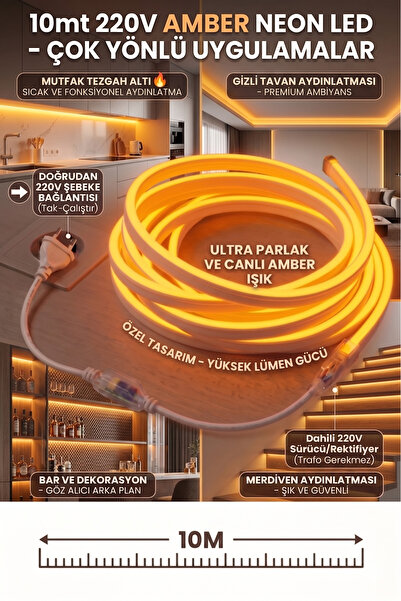 ECONA 10 Metre AMBER 220V Neon LED Şerit ,Tak Çalıştır Set, Fişli Esnek Şerit...