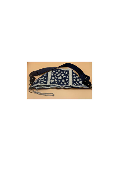 CHIC Leopard Patterned Motif Navy Blue Cream Lining Macrome Knitted Waist Bag