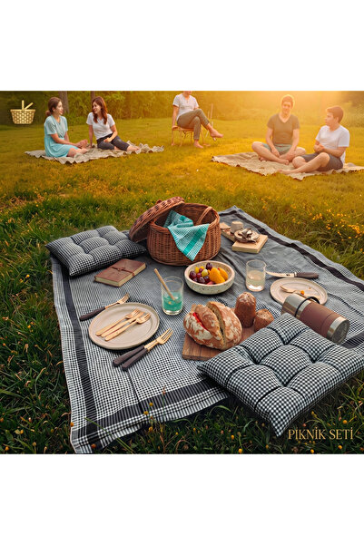SUNDOKU HOME Kare Desenli Piknik Seti 2 Adet 40x40 cm Minder + 170X170 cm Pik...