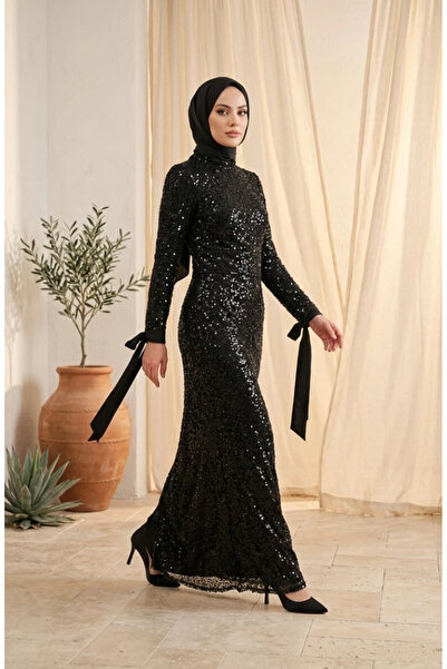 sefamerve Rochie de seară din tul brodat cu mărgele 5730-01 Negru