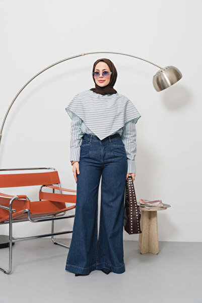 Neways 1165-Denim Bol Paça Pantolon Koyu Mavi
