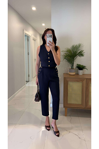 BİRCANÇİL Liod Lacivert Gold Düğme Detaylı Yelek Pantolon Takım