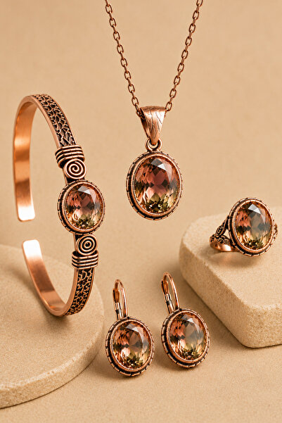 Otto Man Steel Jewelry Kadın Zultanit Taşlı Bakır Bileklik Kolye Yüzük Küpe Ç...