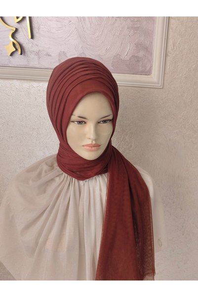 Nuray hazır duvak Red-Brown Dimple Model Light Brown Ready-Made Veil Ready-Made Shawl Ready-Made Turban