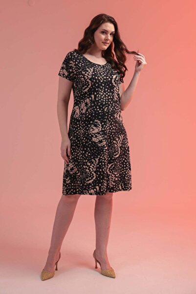 Madwilo Women's Black Beige Butterfly Pattern Plus Size Stretchy Midi Dress