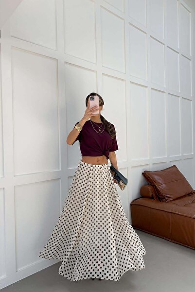 mylove Elastic Waist Polka Dot Chiffon Skirt Beige