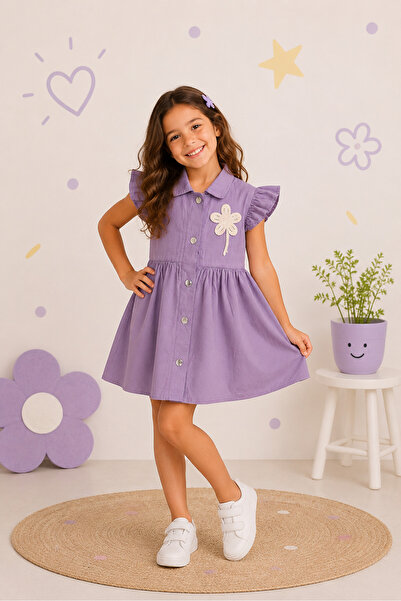 tinytrends Rochie din denim pentru fete, cu aplicații florale, mâneci cu vola...