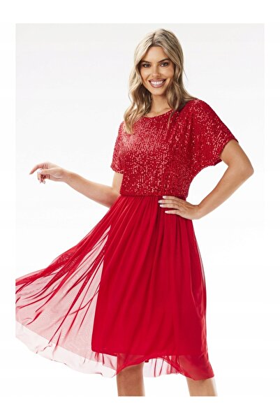 Awama Awama midi evening dress, sequins and Tulle, red, Polyester/ Elastane, ...