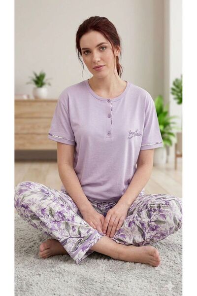 İpek Women's Short Sleeve Long Ring Viscose Lily Pattern Pajama Set